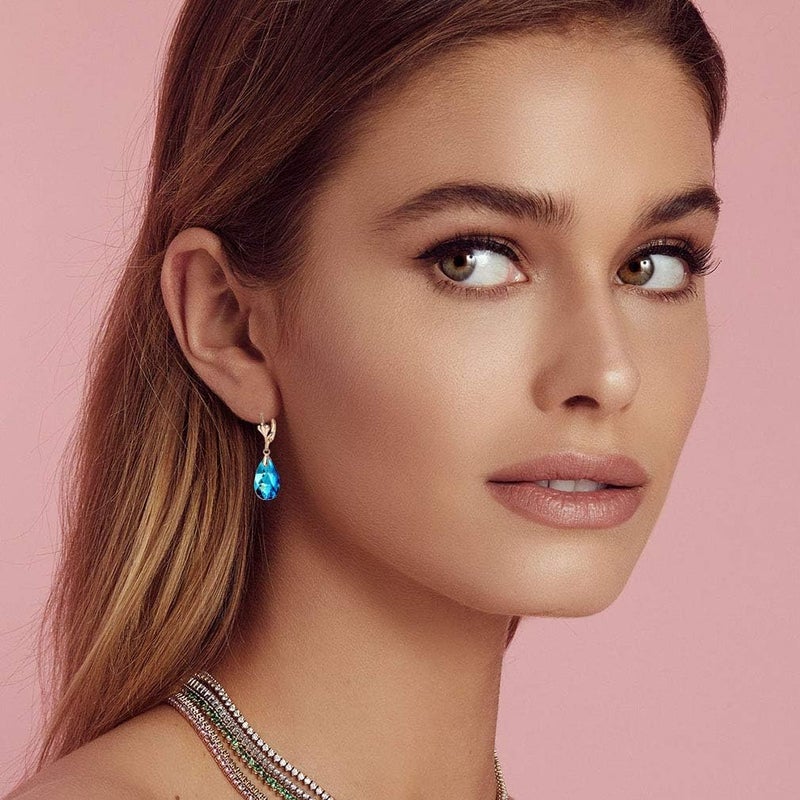 EVEVIC Austrian Crystal Teardrop Leverback Dangle Earrings for Women Fashion 14K Gold Plated Hypoallergenic Jewelry (Bermuda Blue) - Image 2
